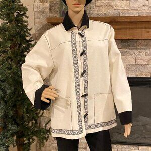 ALFRED DUNNER Ivory Fleece Embroidered Jacket Black Toggle Buttons Sz 14
